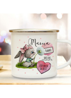 Emaille Becher Camping Tasse Hase Häschen mit Pusteblume & Spruch Mama du bist großartig Kaffeetasse Geschenk Muttertag eb518