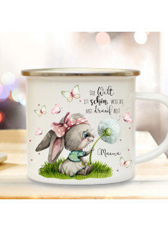 Emaille Becher Camping Tasse Hase Häschen mit Pusteblume & Spruch Die Welt ist schön, weil du drauf bist Geschenk Mama Muttertag eb519