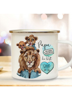 Emaille Becher Camping Tasse Löwe Löwenpapa Papa Kind 2 Löwenjungs & Spruch Papa du bist großartig Kaffeetasse Geschenk Vatertag eb520