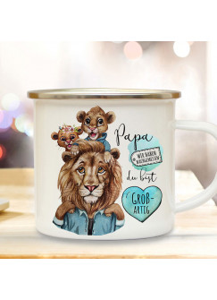 Emaille Becher Camping Tasse Löwe Löwenpapa Papa Kinder 1 Junge 1 Mädchen Spruch Papa du bist großartig Kaffeetasse Geschenk Vatertag eb521