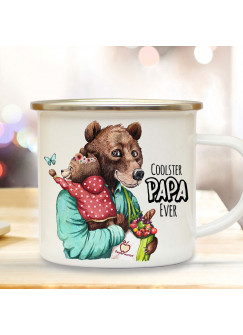 Emaille Becher Camping Tasse Bär Bärenpapa Papa Kind Bärenmädchen & Spruch Coolster Papa Ever Kaffeetasse Geschenk Vatertag eb531