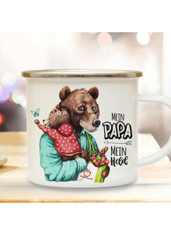 Emaille Becher Camping Tasse Bär Bärenpapa Papa Kind Bärenmädchen & Spruch Mein Papa Mein Held Kaffeetasse Geschenk Vatertag eb532