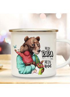 Emaille Becher Camping Tasse Bär Bärenpapa Papa Kind Bärenjunge & Spruch Mein Papa Mein Held Kaffeetasse Geschenk Vatertag eb533