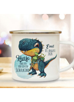 Emaille Becher Einschulung Camping Tasse Dino T-Rex Schultüte Schulkind & Name Datum Kaffeetasse Geschenk Schulanfang eb536