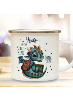 Emaille Becher Camping Tasse Motiv Drache Drachen dragon Schulkind & Wunschname Name Emaillebecher Camping Schulanfang Geschenk eb542