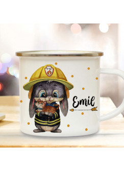 Emaillebecher Becher Tasse Camping Feuerwehr Hase mit Kätzchen & Wunschname Name Kaffeetasse Geschenk eb556