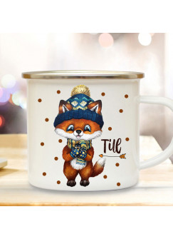 Emaillebecher Becher Tasse Camping Fuchs Winter & Wunschname Name Kaffeetasse Geschenk eb567