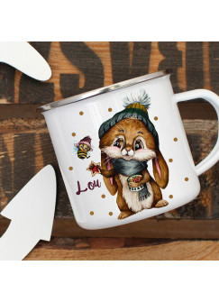 Emaillebecher Becher Tasse Camping Hase Häschen Biene Winter & Wunschname Name Kaffeetasse Geschenk eb568