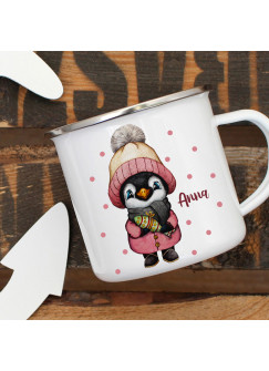 Emaillebecher Becher Tasse Camping Pinguin Mädchen Winter & Wunschname Name Kaffeetasse Geschenk eb569