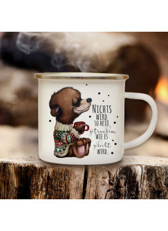 Emaillebecher Becher Tasse Camping Bär Bärchen mit Tasse Kaffeetasse Winter Geschenk eb574