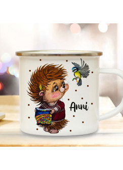 Emaillebecher Becher Tasse Camping Igel mit Vogel & Wunschname Name Kaffeetasse Winter Geschenk eb576