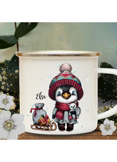 Emaillebecher Becher Tasse Camping Pinguin mit Schlitten & Wunschname Name Kaffeetasse Winter Weihnachten Geschenk eb577