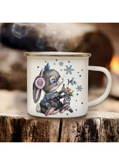 Emaillebecher Becher Tasse Camping Hase Häschen Nikolausstiefel & Wunschname Name Kaffeetasse Winter Weihnachten Geschenk eb578