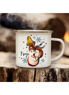 Emaillebecher Becher Tasse Camping Eichhörnchen mit Glocke & Wunschname Name Kaffeetasse Winter Weihnachten Geschenk eb579