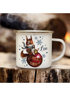 Emaillebecher Becher Tasse Camping Eichhörnchen mit Weihnachtskugel & Wunschname Name Kaffeetasse Winter Weihnachten Geschenk eb580