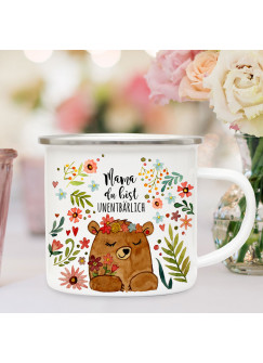 Emaille Becher Camping Tasse Bär Bärchen Blumen & Spruch Mama du bist unentbärlich Kaffeetasse Geschenk Muttertag eb590