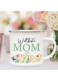 Emaille Becher Camping Tasse Blumen Blümchen Spruch Weltbeste Mom Kaffeetasse Geschenk Muttertag eb591