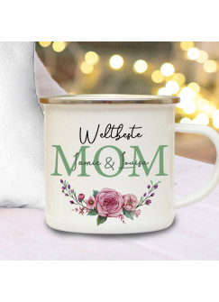 Emaille Becher Camping Tasse Blumen Blümchen Rose Spruch Weltbeste Mom Name Wunschname Kaffeetasse Geschenk Muttertag eb594