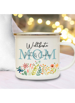 Emaille Becher Camping Tasse Blumen Blümchen Spruch Weltbeste Mom petrol blau Name Wunschname Kaffeetasse Geschenk Muttertag eb595