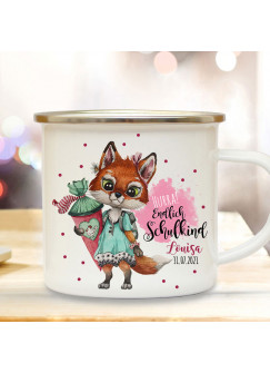 Emaille Becher Einschulung Camping Tasse Fuchs Mädchen Spruch Hurra endlich Schulkind & Name Wunschname Wunschdatum Kaffeetasse Geschenk eb597