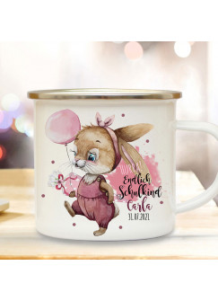 Emaille Becher Einschulung Camping Tasse Hasen Mädchen Spruch Hurra endlich Schulkind & Name Wunschname Wunschdatum Kaffeetasse Geschenk eb598