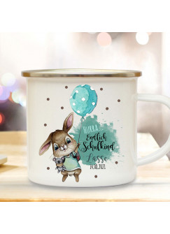 Emaille Becher Einschulung Camping Tasse Hasen Junge Ballon Spruch Hurra endlich Schulkind & Name Datum Kaffeetasse Geschenk eb599