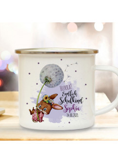 Emaille Becher Einschulung Tasse Hasen Mädchen Pusteblume Spruch Hurra endlich Schulkind & Name Wunschdatum Kaffeetasse Geschenk eb600