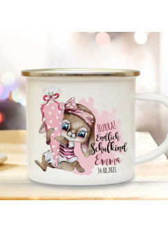 Emaille Becher Einschulung Tasse Hasen Mädchen Schultüte Spruch Hurra endlich Schulkind & Name Wunschdatum Kaffeetasse Geschenk eb601