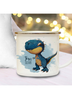 Emaille Becher Campingbecher Einschulung Tasse Dino Dinosaurier T-Rex & Name Wunschname Kaffeetasse Geschenk eb602