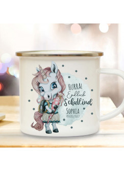 Emaille Becher Einschulung Tasse Einhorn Mädchen blau Schultüte Spruch Hurra endlich Schulkind & Name Wunschdatum Kaffeetasse Geschenk eb604