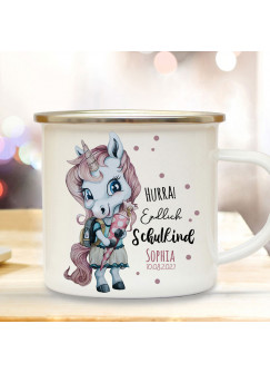 Emaille Becher Einschulung Tasse Einhorn Mädchen rosa Schultüte Spruch Hurra endlich Schulkind & Name Wunschdatum Kaffeetasse Geschenk eb605