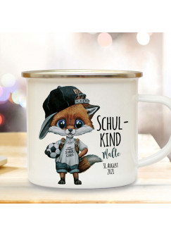 Emaille Becher Einschulung Camping Tasse Fuchs Fußball Junge Schulkind & Name Datum Kaffeetasse Geschenk Schulanfang eb606