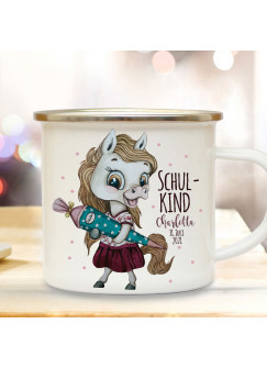 Emaille Becher Einschulung Tasse Pferdchen Pferd Schultüte Schulkind & Name Wunschdatum Kaffeetasse Geschenk eb608