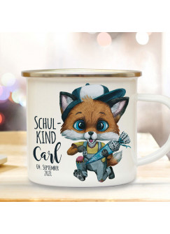 Emaille Becher Einschulung Camping Tasse Fuchs Schultüte Junge Schulkind & Name Datum Kaffeetasse Geschenk Schulanfang eb609