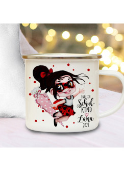 Emaille Becher Einschulung Tasse Marienkäfer Girl Mädchen Schultüte endlich Schulkind & Name Wunschdatum Kaffeetasse Geschenk eb612