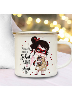 Emaille Becher Einschulung Tasse Marienkäfer Girl Mädchen Schultüte Hurra endlich Schulkind & Name Wunschdatum Kaffeetasse Geschenk eb613