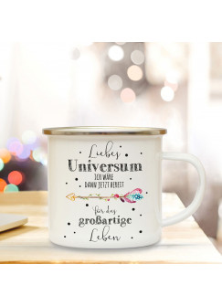 Emaille Becher Camping Tasse mit Pfeil & Spruch Liebes Universum Kaffeetasse Geschenk Kaffeebecher eb63