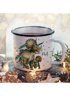 Emaille Becher Camping Tasse Dinosaurier Dino Triceratops & Junges mit Wunschname Name Kaffeetasse Geschenk eb633