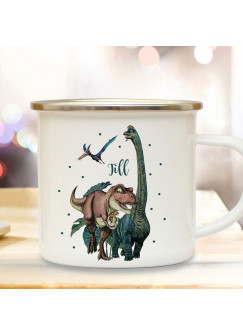 Emaille Becher Camping Tasse Dinosaurier Dino Dinos T-Rex Flugsaurier Brontosaurus mit Wunschname Name Kaffeetasse Geschenk eb634