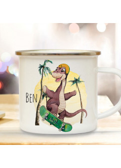 Emaille Becher Camping Tasse Dinosaurier Dino Skateboarder Skater mit Wunschname Name Kaffeetasse Geschenk eb635