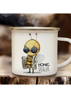 Emaille Becher Camping Tasse Biene Bienchen Spruch Honigdealer Kaffeetasse Geschenk eb643