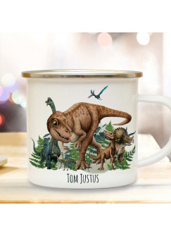 Tasse Emaille Becher Dino Dinos Dinosaurier T-Rex Triceratops Brontosaurus Name Wunschname Kaffeebecher Geschenk Bundle66 ts2106 & eb683