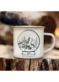 Emaille Becher Camping Tasse Winterzeit Schneekugel mit Wunschname Name Kaffeetasse Geschenk Winter Weihnachten eb685