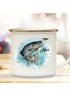 Emaillebecher Mug Becher Tasse Camping Meerforelle Lachsforelle Fisch & Lachsfliege mit Wunschname Name Kaffeetasse Geschenk Bundle72 ts2117 eb688