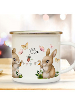 Emaille Becher Camping Tasse 2 Häschen Hasen Paar Hase Marienkäfer mit Wunschname Name Kaffeetasse Geschenk Frühling Ostern eb689