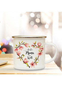 Emaille Becher Camping Tasse mit Blumen Blüten Herz & Spruch beste Mama der Welt Kaffeetasse Geschenk Kaffeebecher eb70