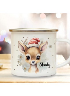 Emaille Becher Camping Tasse Winterzeit Reh mit Weihnachtsmütze Wunschname Name Kaffeetasse Geschenk Winter Weihnachten eb707