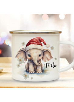 Emaille Becher Camping Tasse Winterzeit Elefant mit Weihnachtsmütze Wunschname Name Kaffeetasse Geschenk Winter Weihnachten eb708