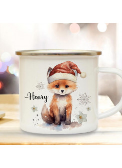 Emaille Becher Camping Tasse Winterzeit Fuchs mit Weihnachtsmütze Wunschname Name Kaffeetasse Geschenk Winter Weihnachten eb709