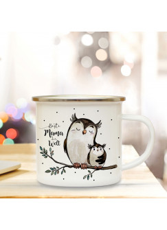 Emaille Becher Camping Tasse mit Eulen Eulchen & Spruch beste Mama der Welt Kaffeetasse Geschenk Kaffeebecher eb71